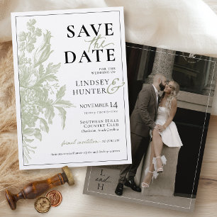 Salbeigrüne Vintage-Blumengarten-Foto-Hochzeit Save The Date