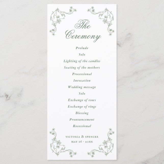 Salbeigrüne Vintage-Blumenhochzeit Programm (Vorderseite)