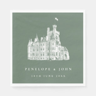 Salbeigrüne Vintage-Burg-Illustration Hochzeit Serviette