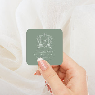 Salbeigrüne Vintage-Crest-Hochzeit Danke Quadratischer Aufkleber