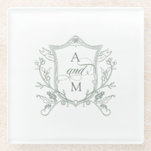 Salbeigrüne Vintage Crest Hochzeit Glasuntersetzer