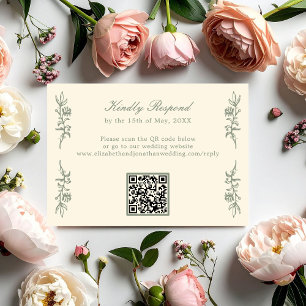 Salbeigrüne Vintage-Floral-Hochzeits-RSVP-QR-Code RSVP Karte