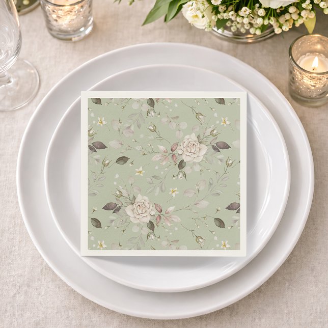 Salbeigrüne Vintage-Rosen-Blumen Serviette (Von Creator hochgeladen)