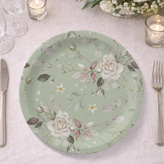 Salbeigrüne Vintage-Rosen-Blumengeschirr Pappteller (Von Creator hochgeladen)