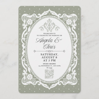 Salbeigrüne Vintage-Spitzen-Hochzeitseinladung QR Einladung