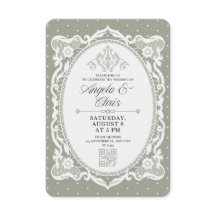 Salbeigrüne Vintage-Spitzen-Hochzeitseinladung QR