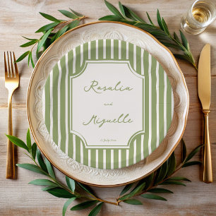 Salbeigrüne vintage Streifen Hochzeit personalisie Pappteller