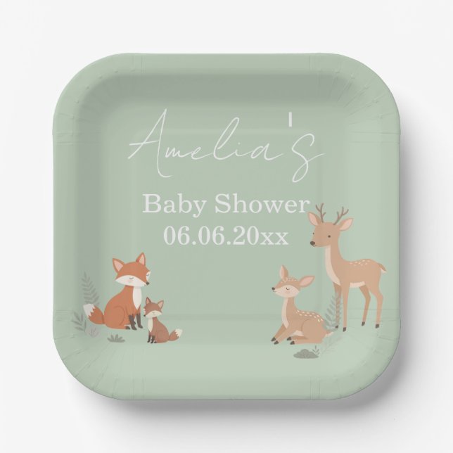 Salbeigrüne Waldtier-Baby-Party  Pappteller (Vorderseite)