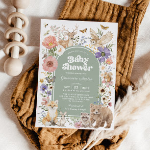 Salbeigrüne Waldtiere Wildblumen-Baby-Party Einladung