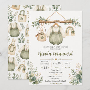 Salbeigrüne Wäscheleine Baby Shower Einladung
