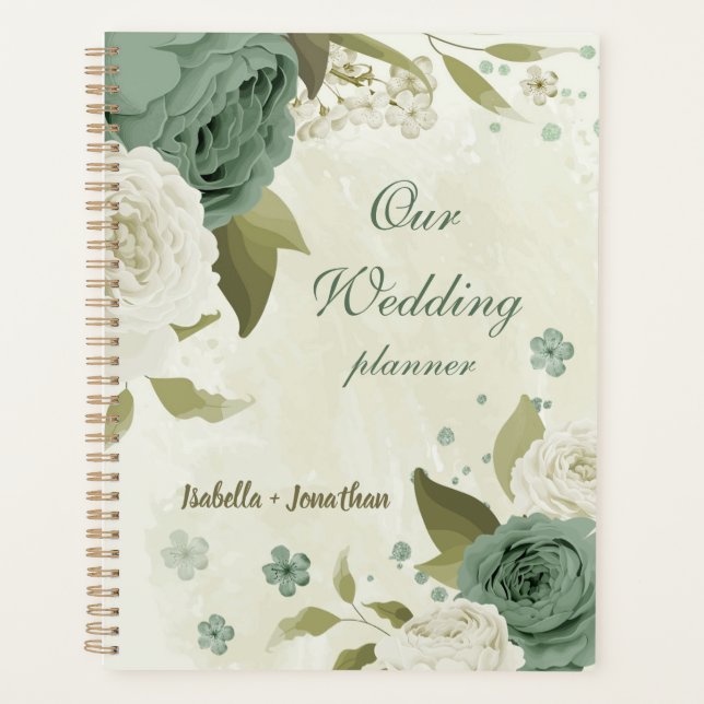 salbeigrüne weiße Blumen Hochzeit Planer (Vorderseite)