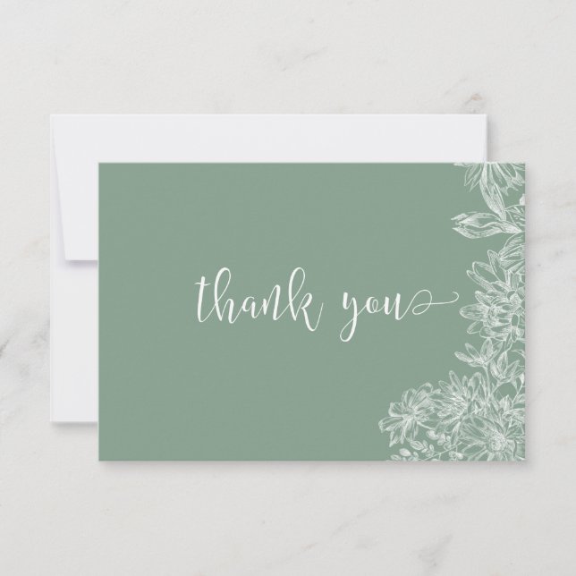 Salbeigrüne weiße Floral-Script-Dankeskarten Dankeskarte (Vorderseite)