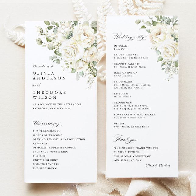 Salbeigrüne Weiße Florale Elegante Hochzeitszeremo Programm (Sage green white floral wedding program card, watercolor modern classic order of ceremony stationery)