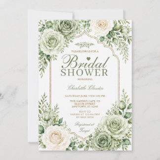 Salbeigrüne weiße Rosen Elegante Boho-Brautparty Einladung