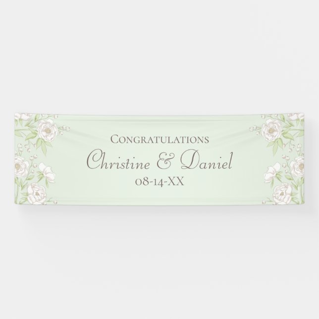 Salbeigrüne Weiße Rosen Hochzeit Banner (Horizontal)