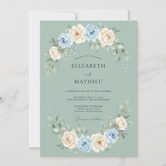 Salbeigrüne Whimsical Florale Hochzeit Einladung (Vorderseite)
