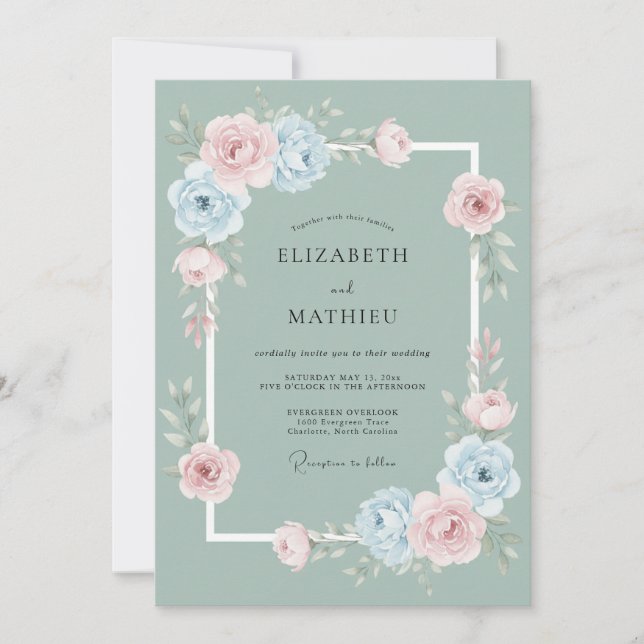 Salbeigrüne Whimsical-Rosen-Hochzeit Einladung (Vorderseite)