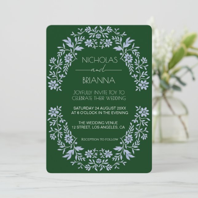 Salbeigrüne Wildblumen-Boho-Hochzeitseinladung Einladung (Stehend Vorderseite)