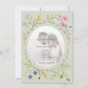 Salbeigrüne Wildblumen-Foto-Hochzeit Einladung