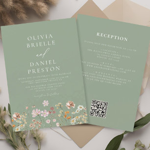Salbeigrüne Wildblumen Hochzeit Alles in Einem QR Einladung