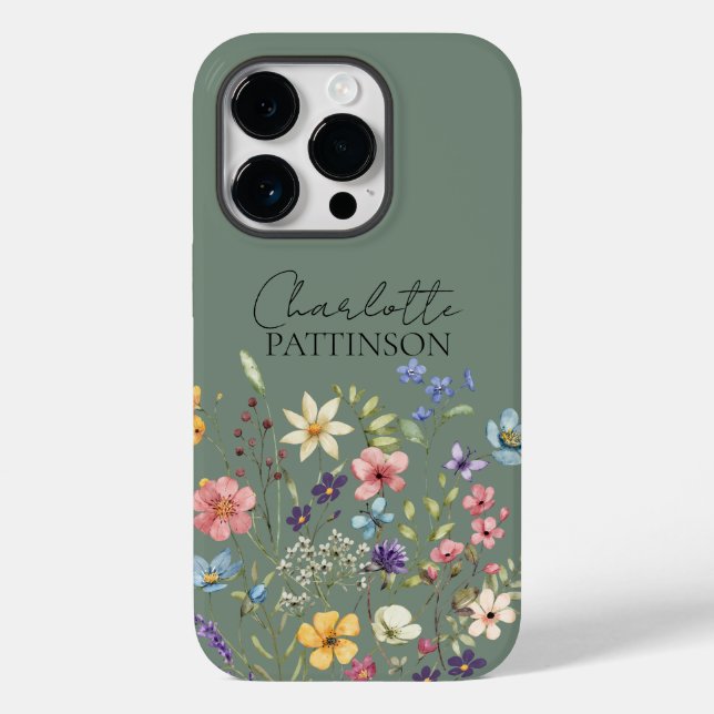 Salbeigrüne Wildblumen-Initialen nach Maß Case-Mate iPhone Hülle (Rückseite)