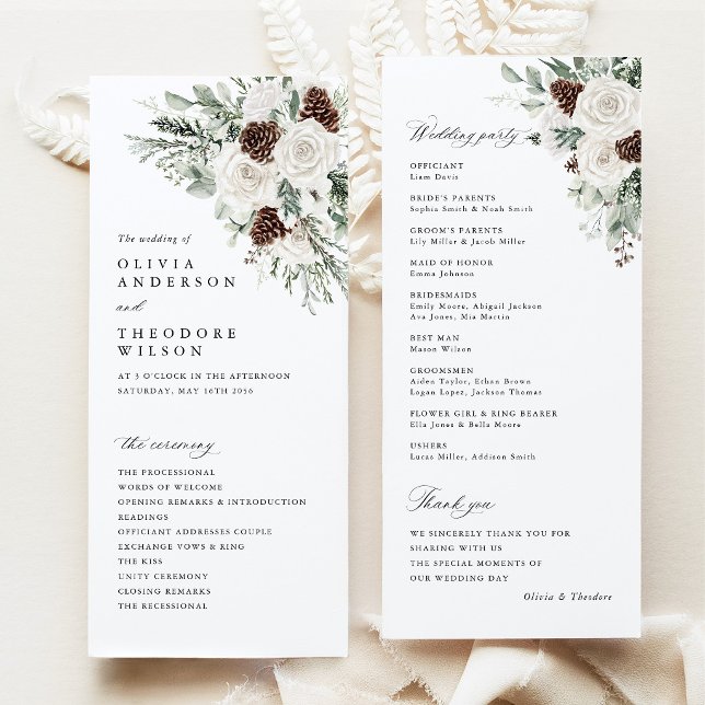 Salbeigrüne Winter-Blumen-Tannen-Hochzeitszeremoni Programm (Sage Green Winter Floral Wedding Program Card, White Rose Pinecone Ceremony Program Woodland Wedding)