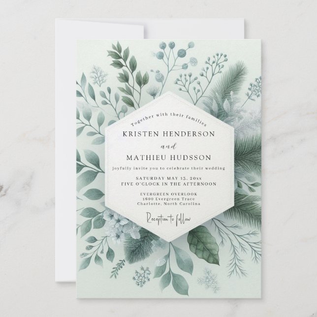 Salbeigrüne Winterliche Botanische Hochzeit Einladung (Vorderseite)