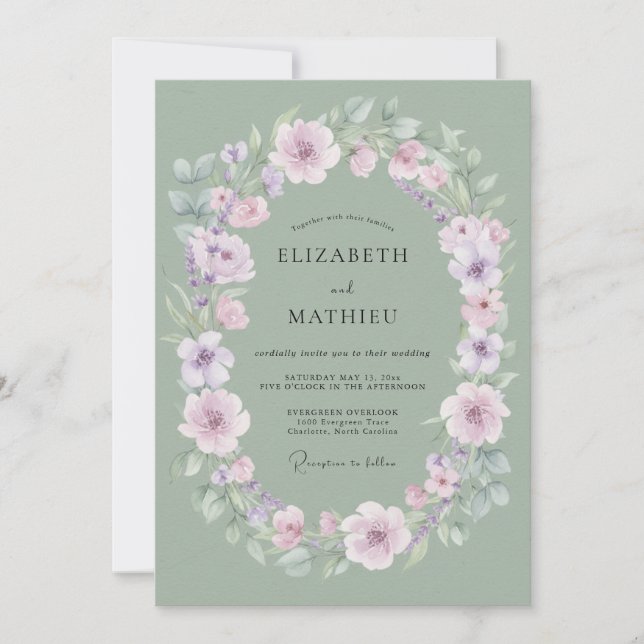 Salbeigrüne zarte florale Hochzeit Einladung (Vorderseite)
