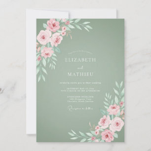 Salbeigrüne zarte Rosenhochzeit Einladung