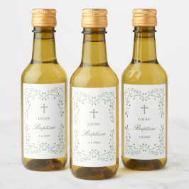Salbeigrüner Blattrahmen Taufe Klein Weinetikett