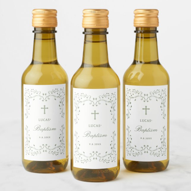 Salbeigrüner Blattrahmen Taufe Klein Weinetikett (Flaschen)