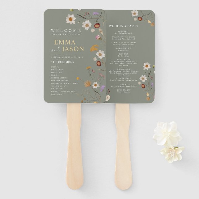 Salbeigrüner Boho-Blumen-Hochzeitsprogramm-Handfäc Fächer (Vorne und Hinten)
