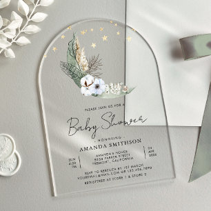Salbeigrüner Boho-Blumenmondbogen-Babyshower Acryleinladungen