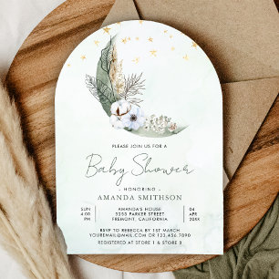 Salbeigrüner Boho-Blumenmondbogen-Babyshower Einladung