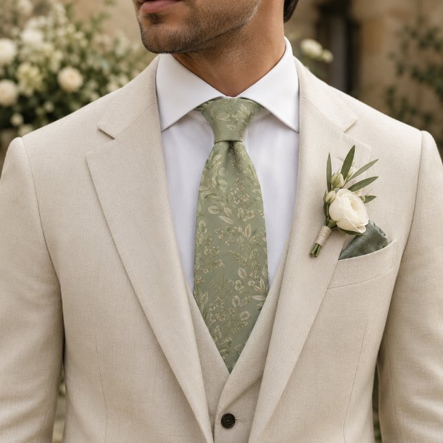 Salbeigrüner Botanischer Jacquard-Hochzeitskrawatt Krawatte (Von Creator hochgeladen)