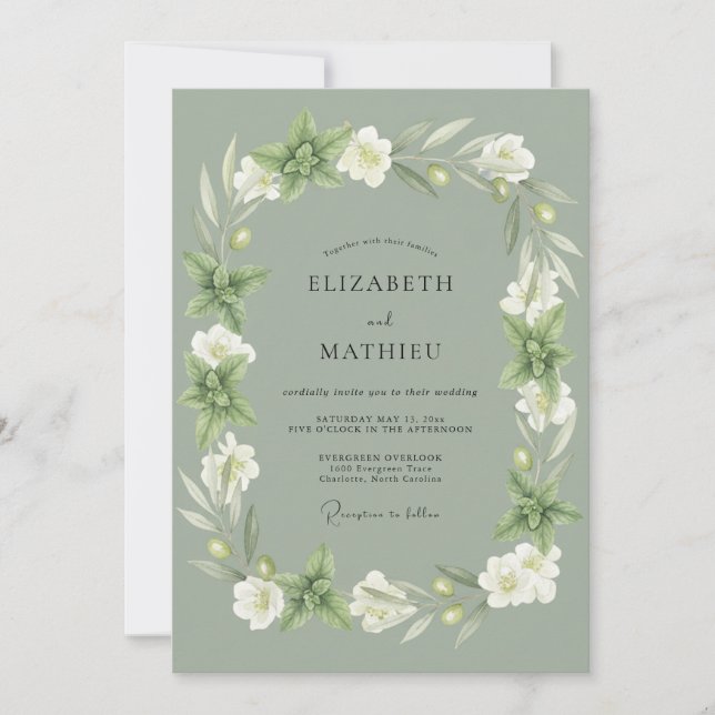 Salbeigrüner botanischer Kranz Hochzeit Einladung (Vorderseite)