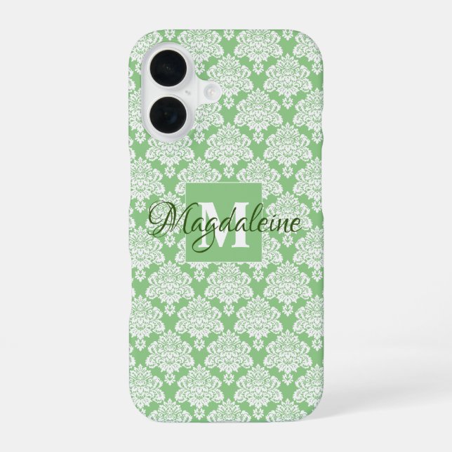 Salbeigrüner Damast iPhone iPad Case mit Monogramm 16 Hülle (Rückseite)