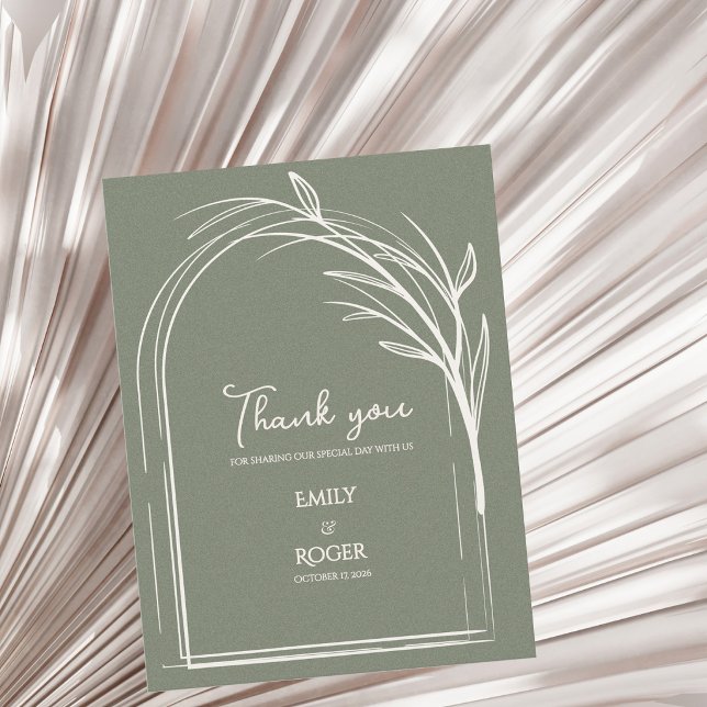 Salbeigrüner Einfacher Botanischer Bogen Hochzeits Postkarte (Sage Green Minimalist Arch Botanical Wedding Thank You Card | Elegant Modern Thank You Note)