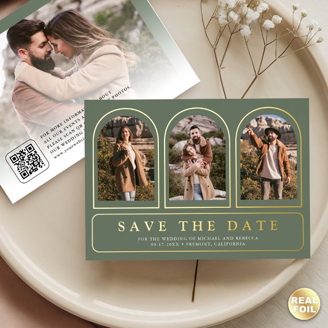 Salbeigrüner Foto-QR-Code Hochzeit Termin vormerke Folieneinladung (Von Creator hochgeladen)