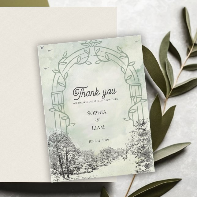 Salbeigrüner Gartenbogen Hochzeits-Dankeschön Postkarte (Sage Green Garden Arch Wedding Thank You Card | Elegant Botanical Thank You)