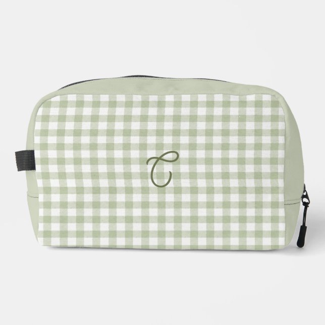 Salbeigrüner Gingham-Monogramm-Makeup-Beutel Waschbeutel (Vorderseite)