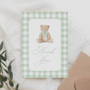 Salbeigrüner Gingham-Teddybär-Baby-Party Dankeskarte