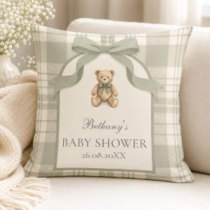 Salbeigrüner Gingham-Teddybär-Baby-Shower Kissen