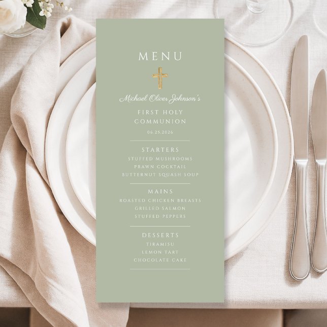 Salbeigrüner Jungen-Erstkommunion Menükarte (Sage Green Boy First Communion Menu)