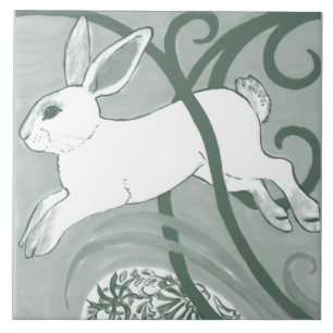 Salbeigrüner Kaninchen Art Deco Hase Muster Einzig Fliese