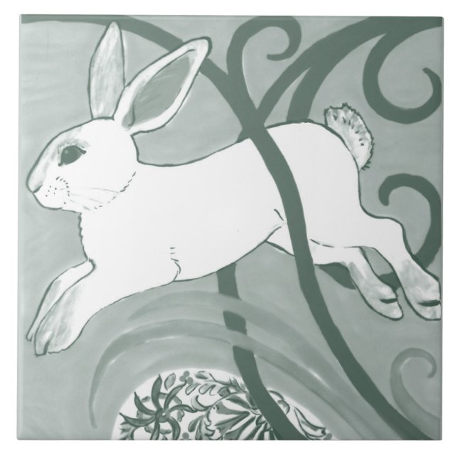 Salbeigrüner Kaninchen Art Deco Hase Muster Einzig Fliese (Vorderseite)