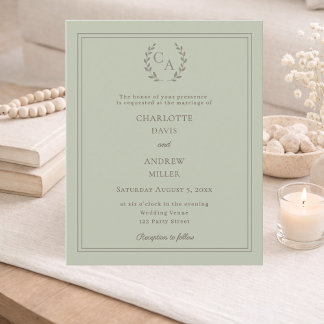 Salbeigrüner Kranz Monogramm Hochzeitseinladung