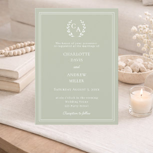 Salbeigrüner Kranz Monogramm Luxus Hochzeit Einladung