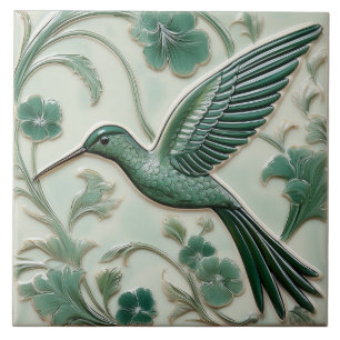 Salbeigrüner Kunststoff-Relief Art Nouveau Kolibri Fliese
