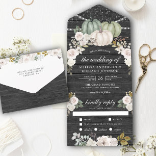 Salbeigrüner Kürbis und weiße florale Holzhochzeit All In One Einladung